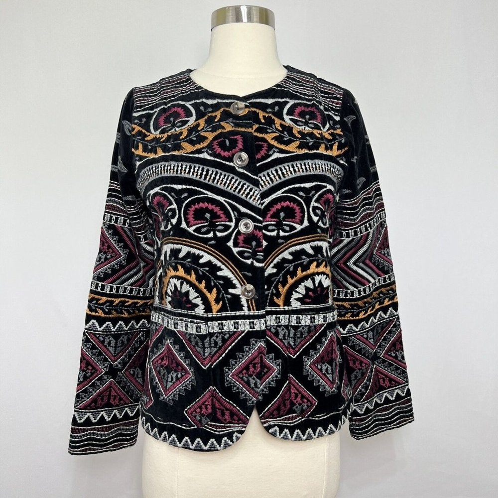 Johnny Was Workshop XS Jacket Velvet Embroidered Black Plum Button Pockets #D